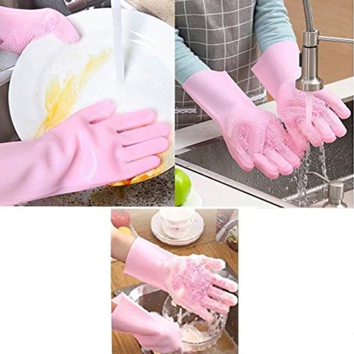 Pair Of Silicone Full Finger Washing Gloves For Home & Kitchen (random Colors)